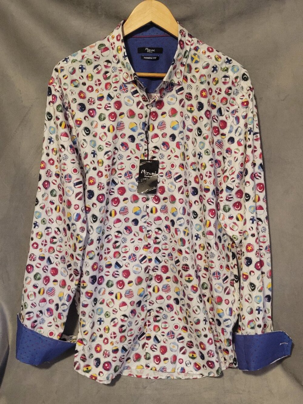 Mizumio Coutore Long Sleeve Shirt Button Down XL Cotton World Flags Pattern NWT